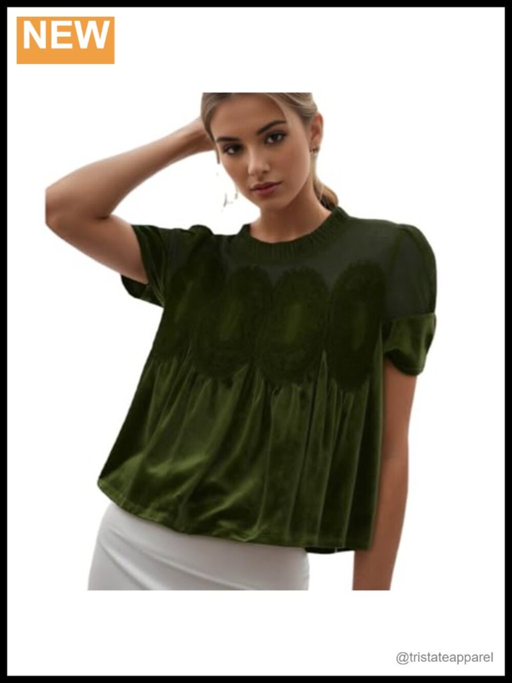 Women's Velvet Lace Babydoll Tops Elegant Flared Swing Blouse Round Neck Short